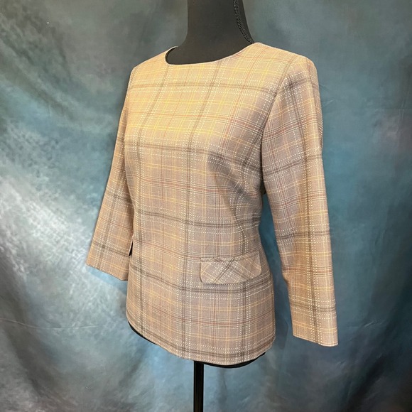 Pendleton Womens 100% Virgin Wool Plaid Top Brown Tan Size 6 3/4 Sleeve Blouse - Picture 2 of 7